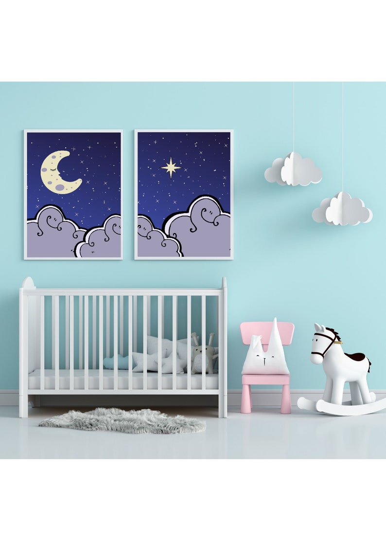 Whimsical Night Sky Moon Clouds and Stars Nursery Art Print - Etsy