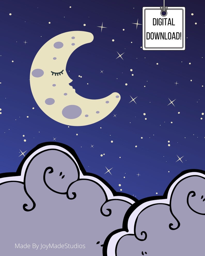 Whimsical Night Sky Moon Clouds and Stars Nursery Art Print - Etsy