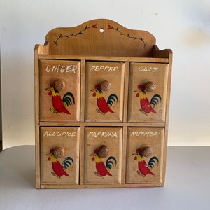 Vintage, Mid Century Hand Made and Hand painted Wooden Spice Rack with 6 Drawers, Hand painted Roosters and Spice Names are on Each Drawer