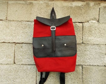 Red backpack, Roll top backpack, Mens backpack, Mens gift, Laptop bag, Canvas rucksack, Black vegan leather, Mens bag, Personalized bag