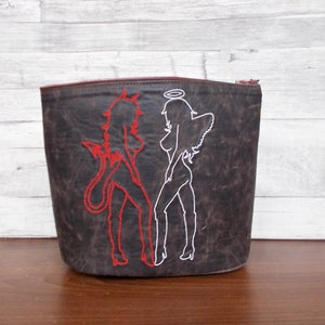 Cosmetic bag, Zipper pouch, Handmade makeup bag, Angel, Devil, Brown, Travel bag, Womens cosmetic bag, Leather toiletry bag,
