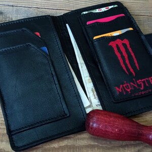 Cartera de cuero para hombre, Monstruo, Cartera de bolsillo negra, Cartera delgada, Regalo para hombre, Cartera desgastada, Tarjetero, Boda, Estuche plegable, Rústico, Viajes