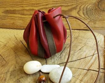 Drawstring leather pouch, Small leather pouch, Tobacco pouch, Coin Purse, Red velvet, Leather pouch bag, Key pouch, Money pouch, Stone