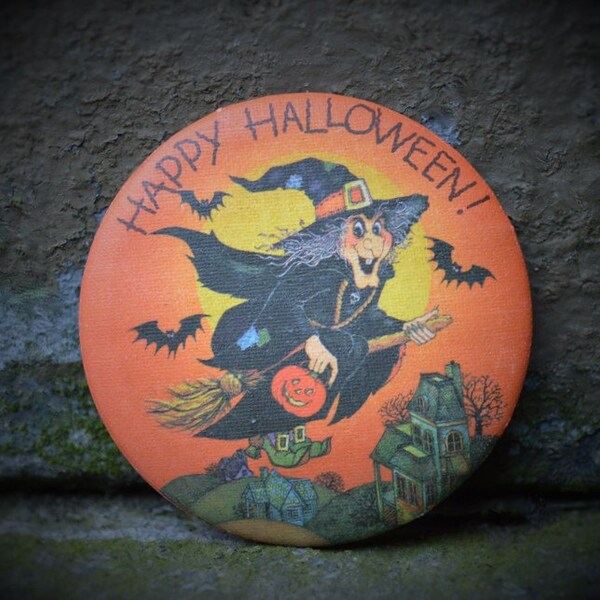 RESERVED 1980 Vintage Hallmark Cards Pin // Happy Halloween // Witch Pin Back Button
