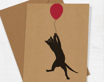 Cat with Balloon Birthday Card - Funny Cat Card
