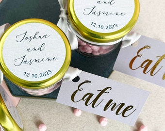 DIY GREY Eat Me Wedding Favour labels for sweet jars, GREY and Gold Card Tags, Ribbon, Personalised Labels , no Jar. (minimum 20)