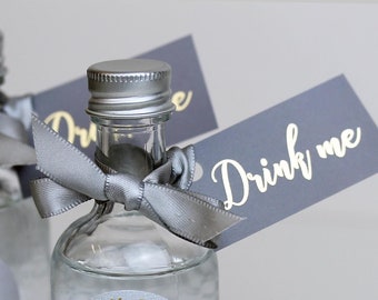 10 x Drink Me Tags in Grey and Gold with matching satin ribbon, Gold Foil Print, Wedding Favours, Printed both sides.