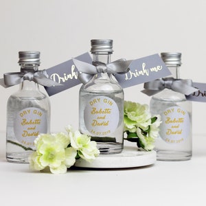 Silver Grey and Gold Wedding Favours for Gin, miniature bottles with ribbon and gold foil tag (min order 20)