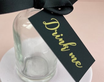 10 x Drink Me Tags in Black and Gold with matching satin ribbon, Gold Foil Print, Wedding Favours, Printed both sides.