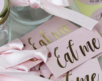 10 x Eat Me Tags in Blush Pink and Gold with matching satin ribbon, Gold Foil Print, Wedding Favours, Printed both sides.