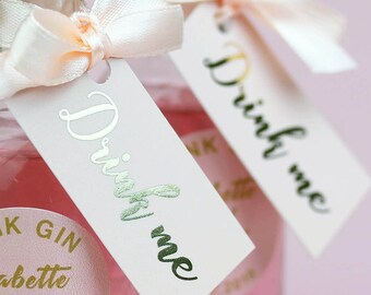 10 x Drink Me Tags in Blush Pink and Gold with matching satin ribbon, Gold Foil Print, Wedding Favours, Printed both sides.