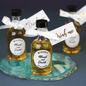 White and Gold Wedding Favours for Whisky, miniature bottles with ribbon and gold foil tag NO whisky INCLUDED