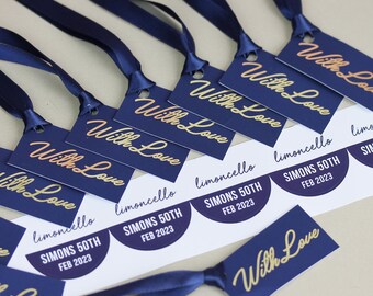 Navy 'With Love' Gold Foil Tags With Ribbons (minimum order)