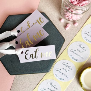 DIY GREY Wedding Favours. Eat Me, Grey and Gold Card Tags, Ribbon, Personalised Labels and Glass Jars with Gold Lid. (minimum 20)