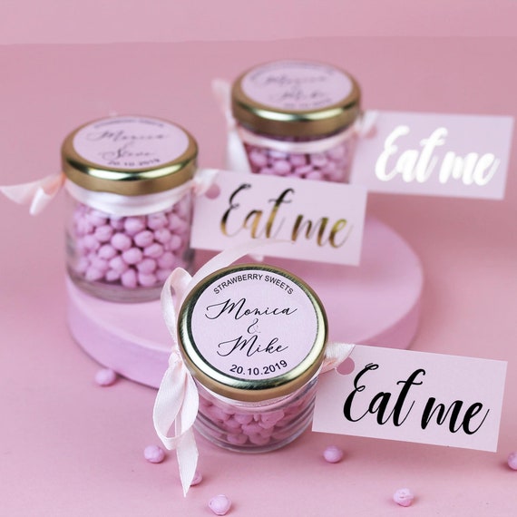 Personalised Pink Candy Wedding Favour in Glass Jar With Pink 