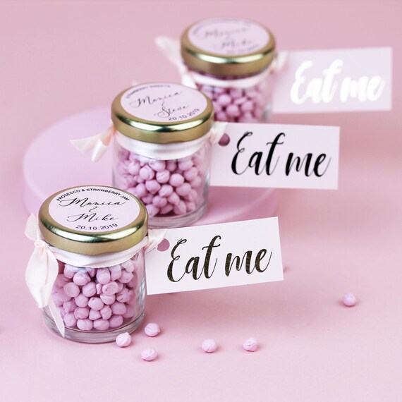 Personalised Pink Candy Wedding Favour in Glass Jar With Pink 