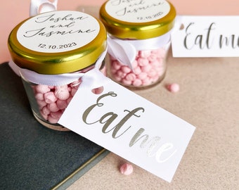 Personalised White EAT ME Wedding Favour in Glass Jar with White and Gold Tag, Edible Wedding Favours.