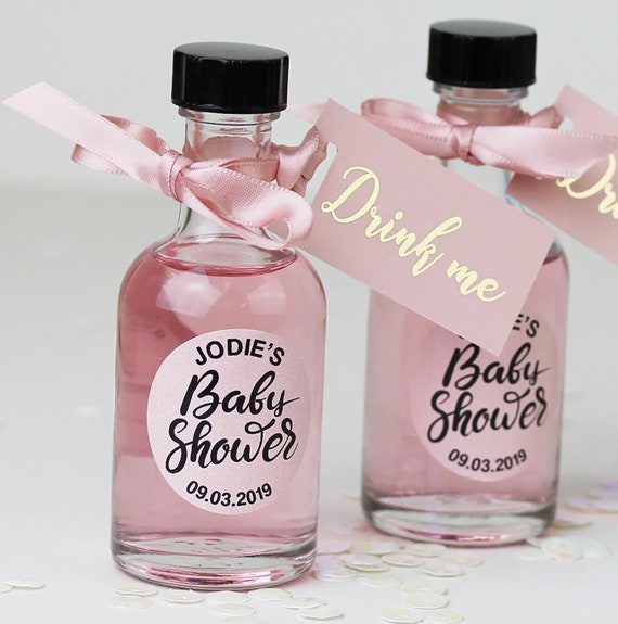 Mini botellas de cristal para Ginebra decoradas 'Drink me' Baby Shower, con  lazo y etiqueta de lámina dorada NO INCLUYE GINEBRA. pedido mínimo 20 por  diseño. -  México