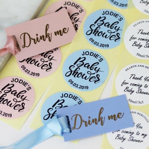 Personalised Baby Shower Label Pack in Blush Pink or Baby Blue. MINIMUM ORDER 20. Mini Gin Bottle DIY.