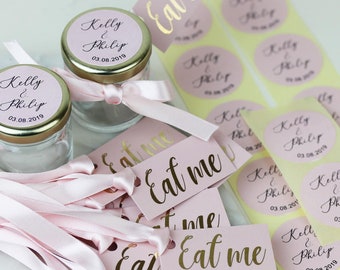 DIY  PINK Wedding Favours. Eat Me, Pink and Gold Card Tags, Ribbon, Personalised Labels and Glass Jars with Gold Lid.