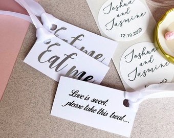 DIY WHITE Eat Me Wedding Favour labels for sweet jars, White and Gold Card Tags, Ribbon, Personalised Labels , no Jar. (minimum order 20)