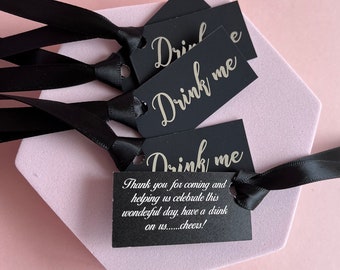 10 x Drink Me Tags in Black and Silver with matching satin ribbon, Silver Foil Print, Wedding Favours, Printed both sides.