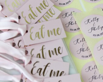 DIY PINK Wedding Favour labels for sweet jars, PINK and Gold Card Tags, Ribbon, Personalised Labels , no Jar.