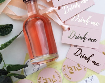 Label pack for DIY drinks wedding favours, blush pink and gold.