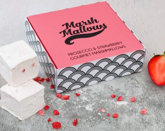 Prosecco Marshmallows with Strawberry in a luxury gift box. Pink. Mothers day gift. Gourmet