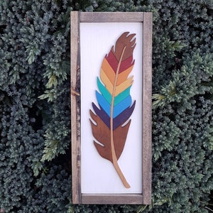 Rainbow feather pride Nursery baby love wood hand painted made scroll saw Vancouver Island distressed Westcoastkitsch rustic pallet