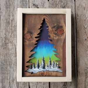 Aurora Borealis Northern Lights tree Vancouver Island reclaimed rustic wood cutout repurposed treeline art trees stars cedar westcoastkitsch