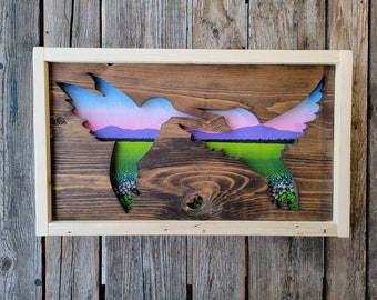 Hummingbird Vancouver Island reclaimed rustic wood cutout repurposed pacific sunset rustic mountains scroll westcoastkitsch flowers daisy