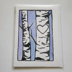 Love Tree birch Valentines greeting card watercolour Vancouver Island Westcoastkitsch block print linocut initials trees tree