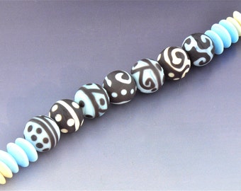 Light Blue, Ivory and Brown Etched Lampwork Glass Bead Set