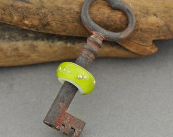 LIght Green Lampwork Glass Bead with Fine Silver on Skeleton Key