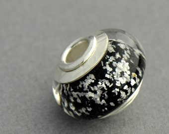 Cored and Capped Black and Silver Glitter Lampwork Big Hole Bead