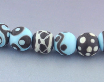 Blue, Brown and Ivory Etched Lampwork Glass Bead Set