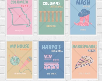 Könnte beinhalten: Sechs bunte Poster mit verschiedenen Designs. Die obere Reihe zeigt eine rosa Umrandung des Bundesstaates Missouri mit dem Text "Columbia Home" und "908 Virginia Ave.", ein grünes Poster mit dem Text "Columns Jessie Hall" und "Mizzou" sowie ein blaues Poster mit dem Text "Nash Vegas" und "como". Die untere Reihe zeigt ein gelbes Poster mit dem Text "My House Nightclub" und "The Backyard", ein blaues Poster mit dem Text "Harpo's Bar & Grill" und "29 S. 10th St." sowie ein orangefarbenes Poster mit dem Text "Shakespeare's Pizza" und "225 S. 9th St."
