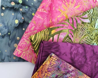 Oranges Batik Cotton Fabric Of 5 One Yard Cuts Royal Caribbean Blues and Reds With Hints of Greens Purple and Yellow 1YARDBR221