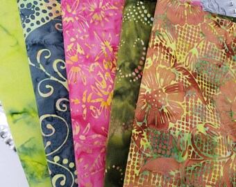 Oranges Batik Cotton Fabric Of 5 One Yard Cuts Royal Caribbean Blues and Reds With Hints of Greens Purple and Yellow 1YARDBR221