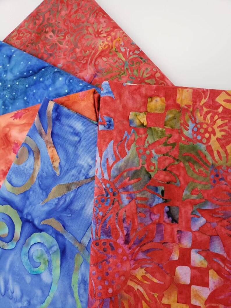 Oranges Batik Cotton Fabric Of 5 One Yard Cuts Royal Caribbean Blues and Reds With Hints of Greens Purple and Yellow 1YARDBR221