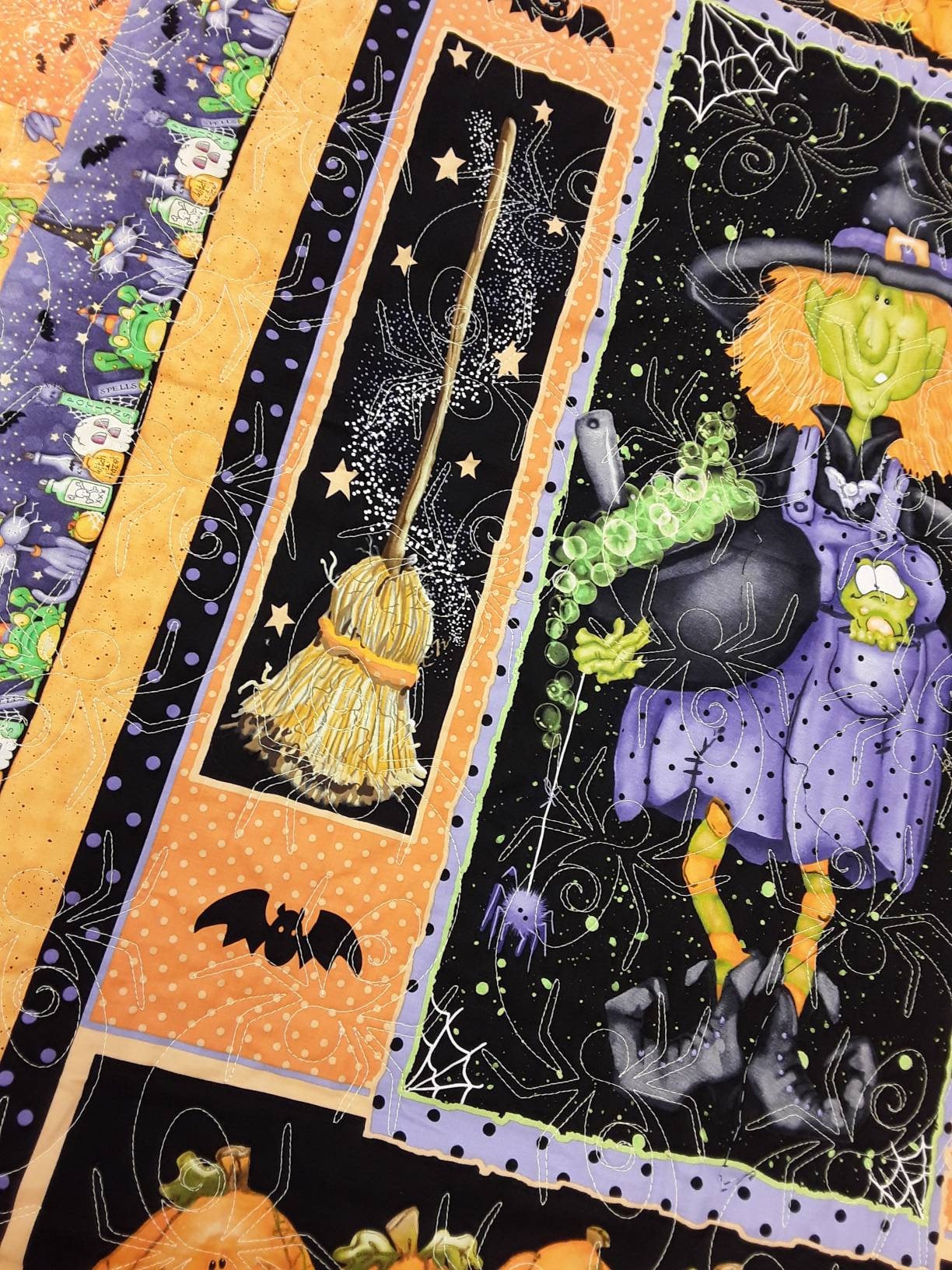 Halloween Quilt Kit. Wall Art of Witches, Brooms, Bats, Spiders