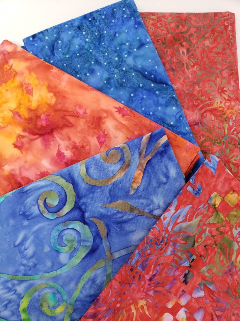 Oranges Batik Cotton Fabric Of 5 One Yard Cuts Royal Caribbean Blues and Reds With Hints of Greens Purple and Yellow 1YARDBR221