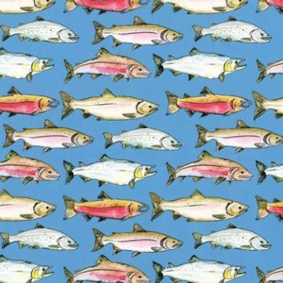 Vintage Salmon /& Trout Fishing Quilting Fabric Block