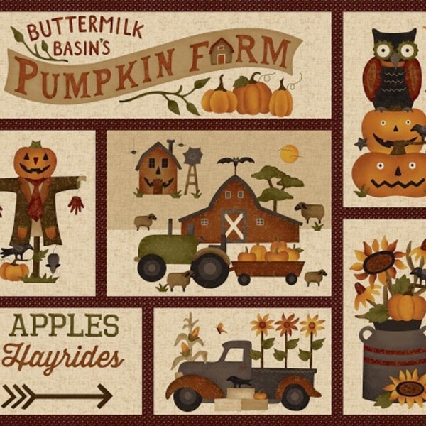 Panel of Patchwork Pumpkins, Old Watering Can, Old Truck Tractor, Barn, Pumpkin Farm Stacy West Buttermilk Basin Fabric by the Yard 2050P 44