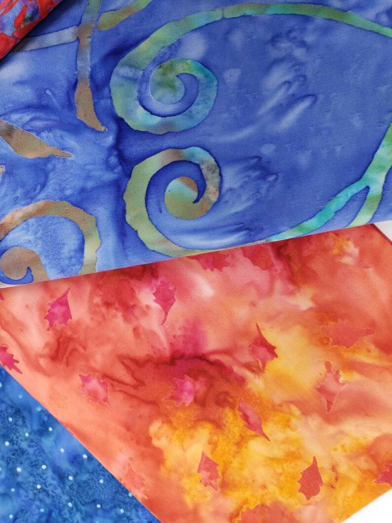 Oranges Batik Cotton Fabric Of 5 One Yard Cuts Royal Caribbean Blues and Reds With Hints of Greens Purple and Yellow 1YARDBR221