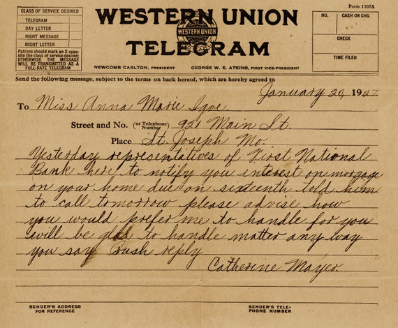 1927 Western Union Telegram Etsy