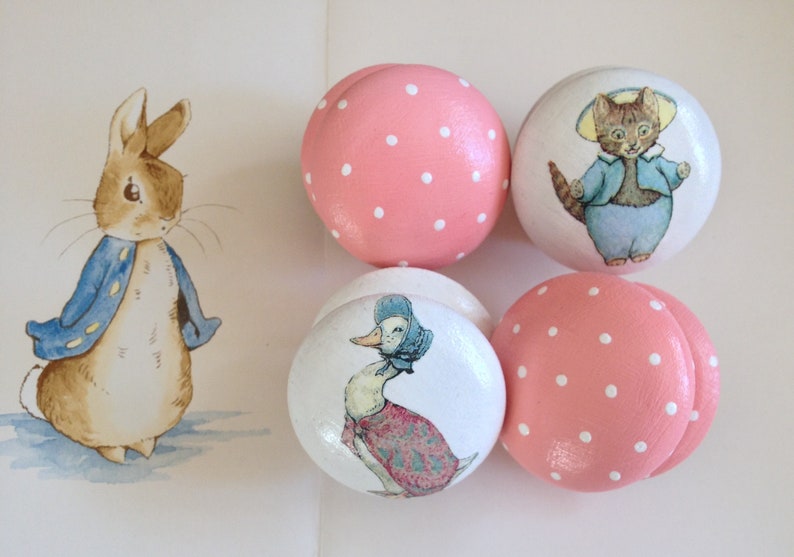 4 x Beatrix Potter Inspired Peter Rabbit Decoupaged Wooden Cabinet Drawer Knob 2 inches