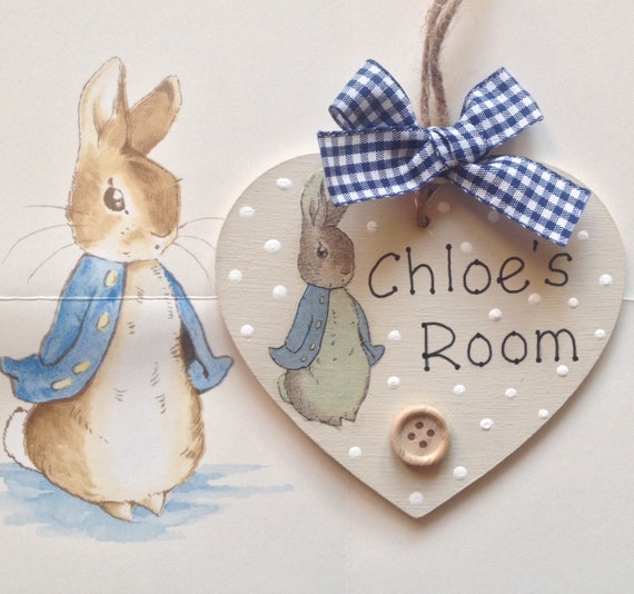 Handpainted Peter Rabbit Heart Baby Arrival Personalised Name Door Plaque Gift ⭐ 