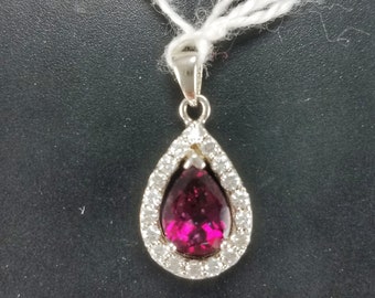 Rhodolite Garnet and Cubic Zirconia Sterling Silver Pendant 1.24 Carats January Birthstone Valentine's Day Rhodium Plated Teardrop Pear